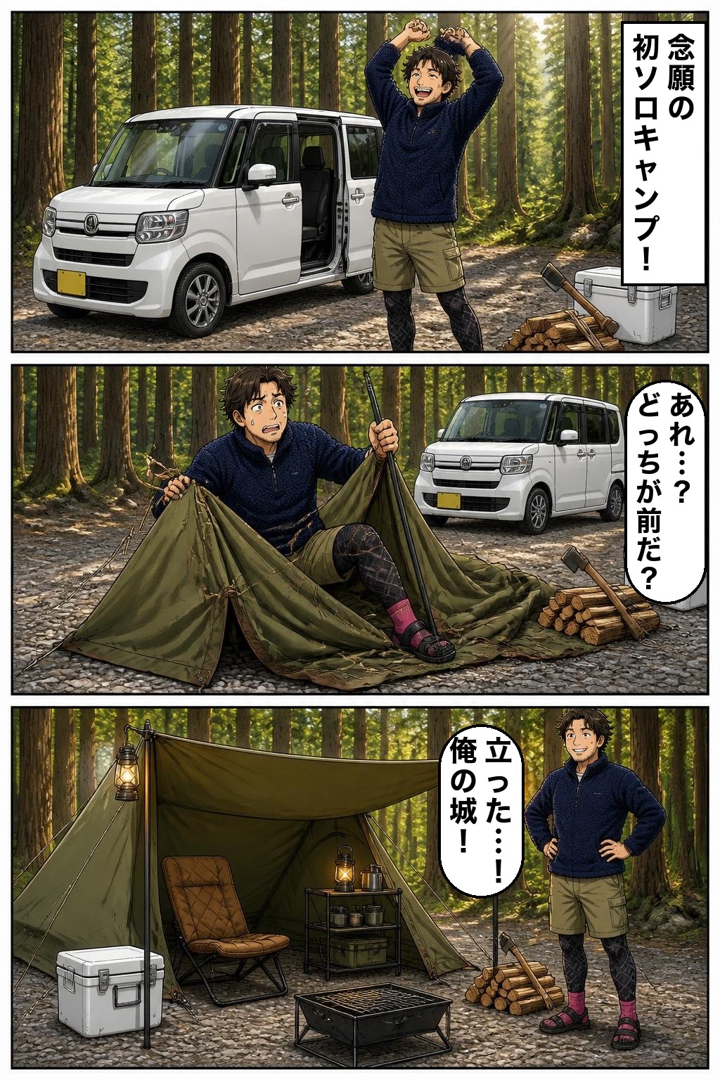パップテントの設営で前後を間違える漫画