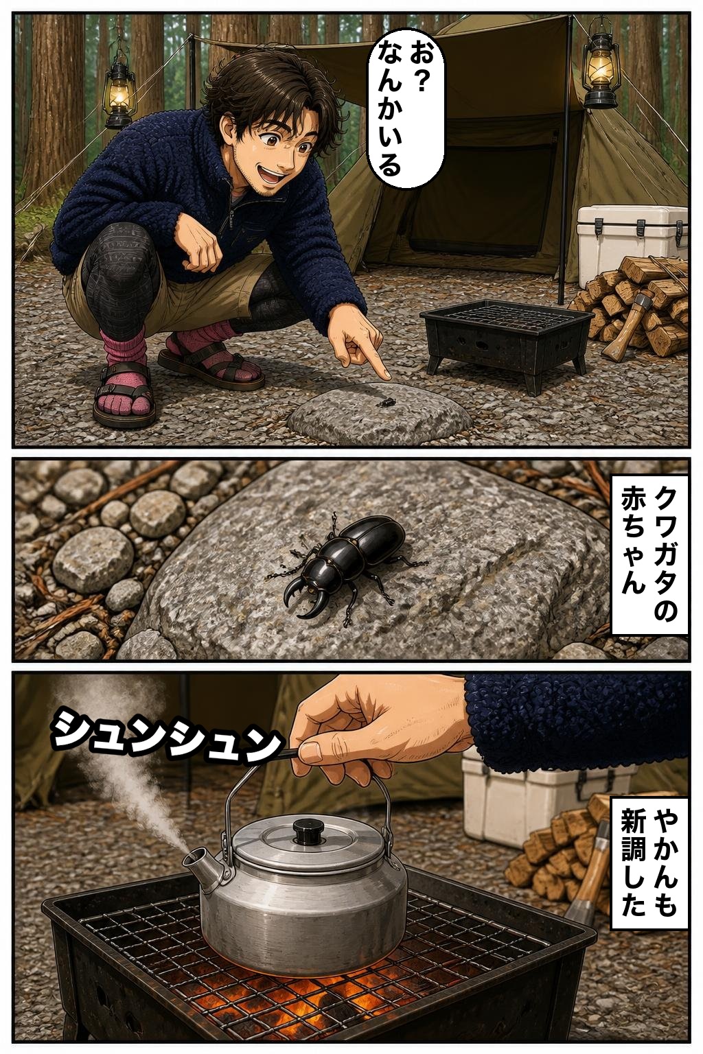 クワガタの赤ちゃんとやかんの漫画