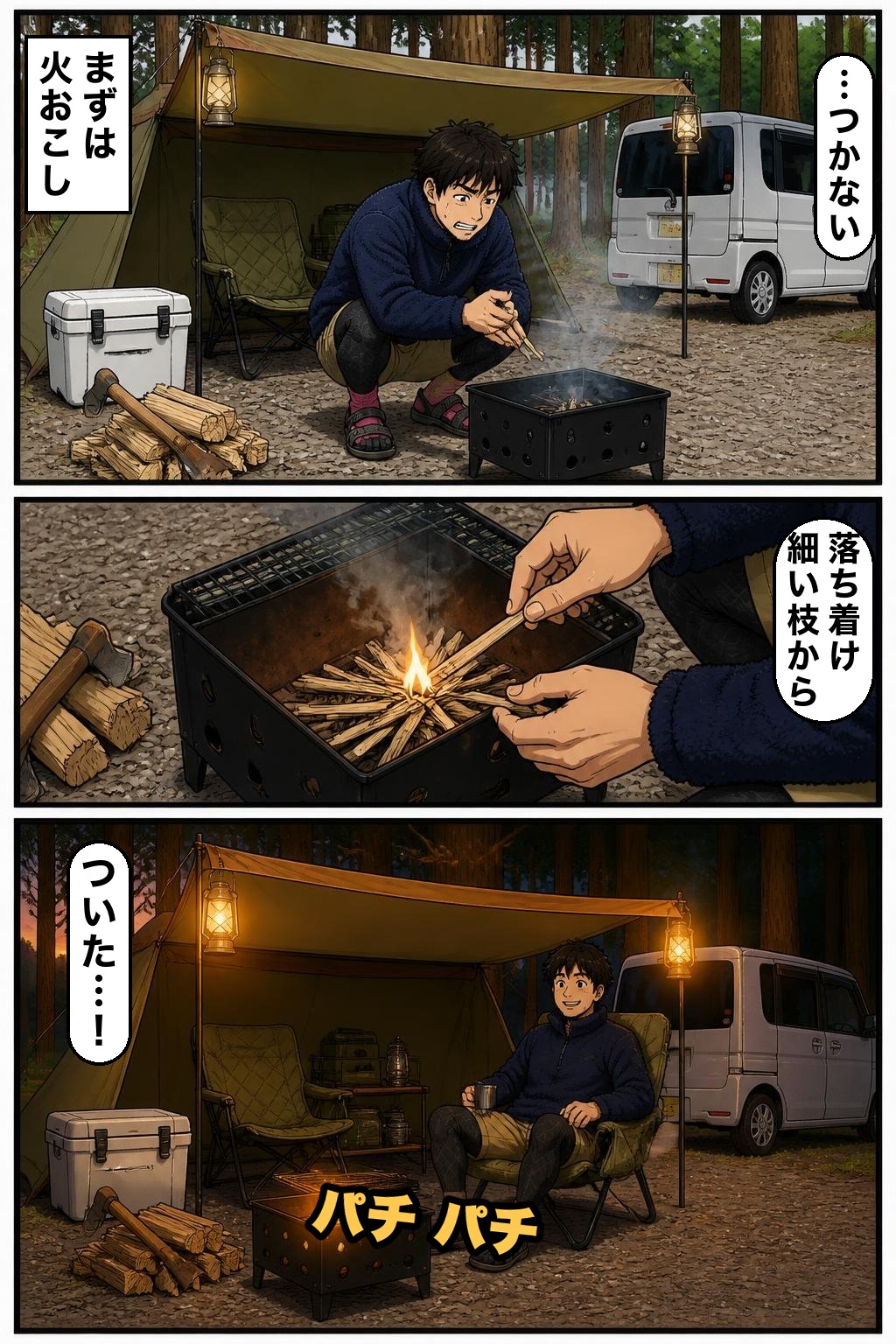 火おこしに手こずる漫画