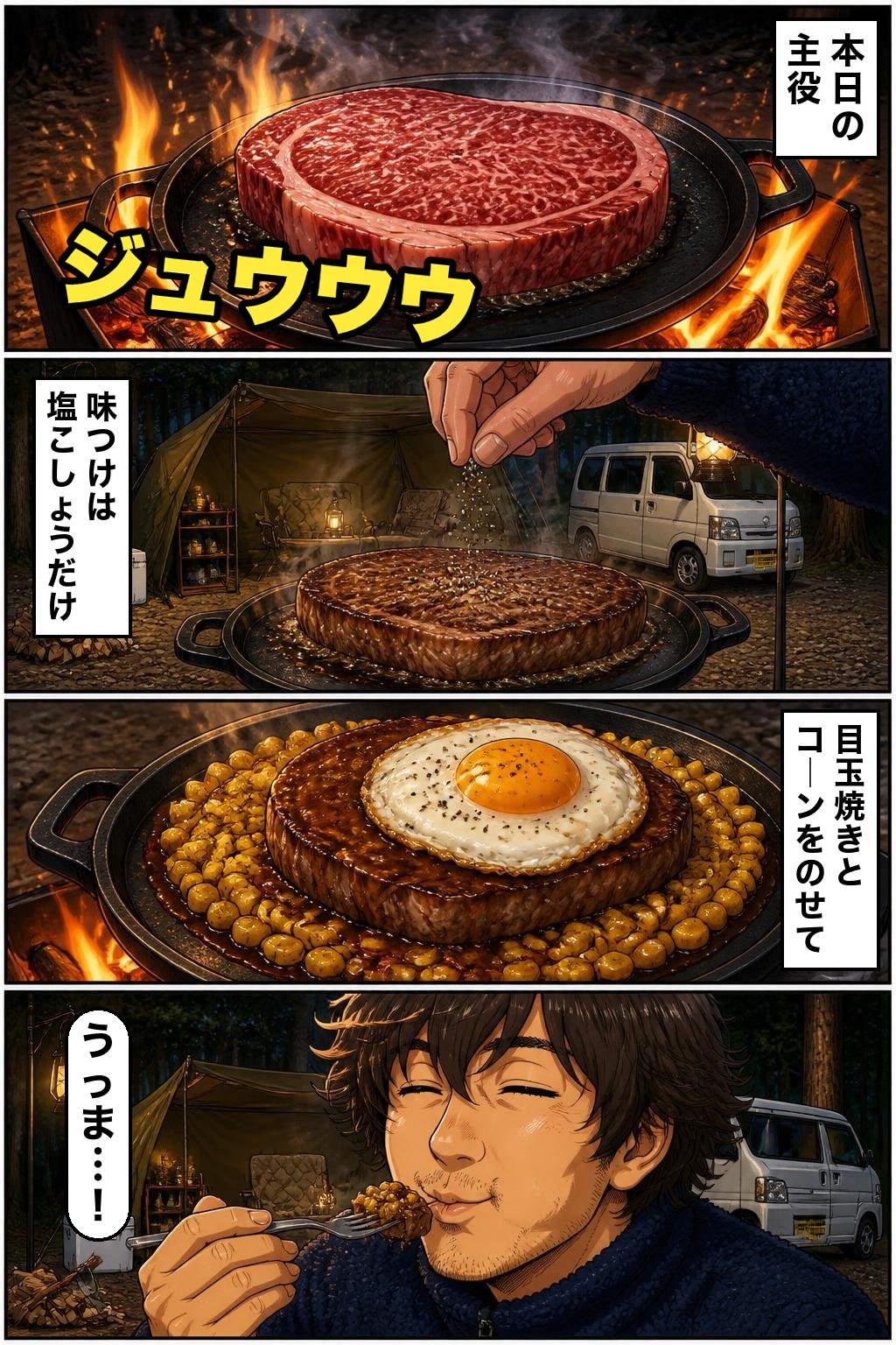 鉄板で肉を焼く漫画