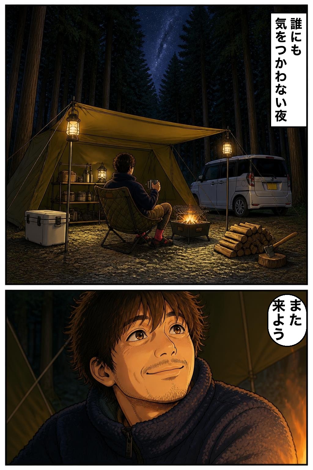 夜の焚き火で「また来よう」の漫画