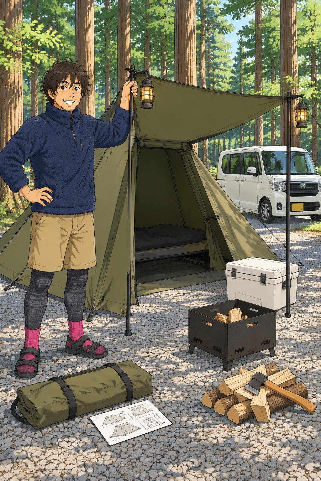 TOMOUNT のパップテント TC軍幕。初回は前後を間違えた設営の一部始終と、付属ペグを使わなかった理由