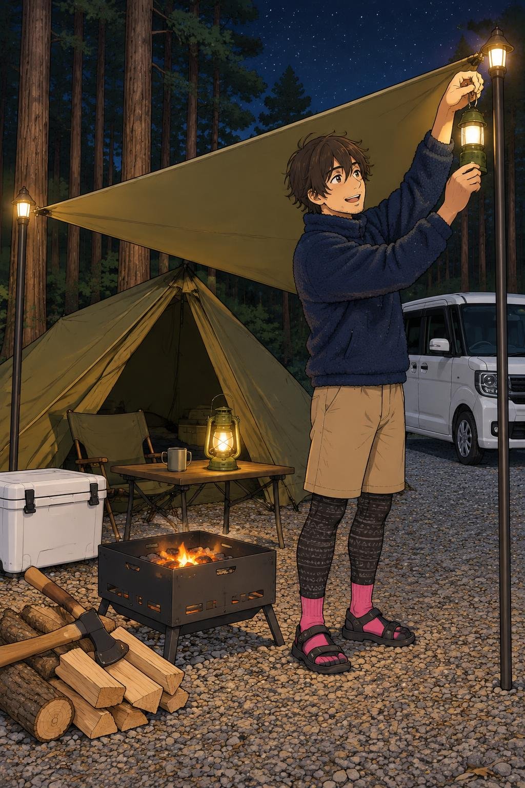 ランタンは大1・小2。前幕のポールの先に小さいのを吊るすと、あの夜の形になる